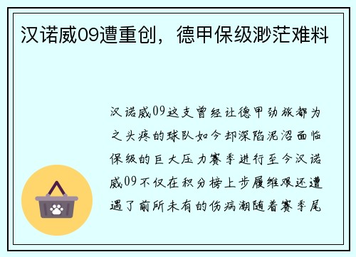 汉诺威09遭重创，德甲保级渺茫难料